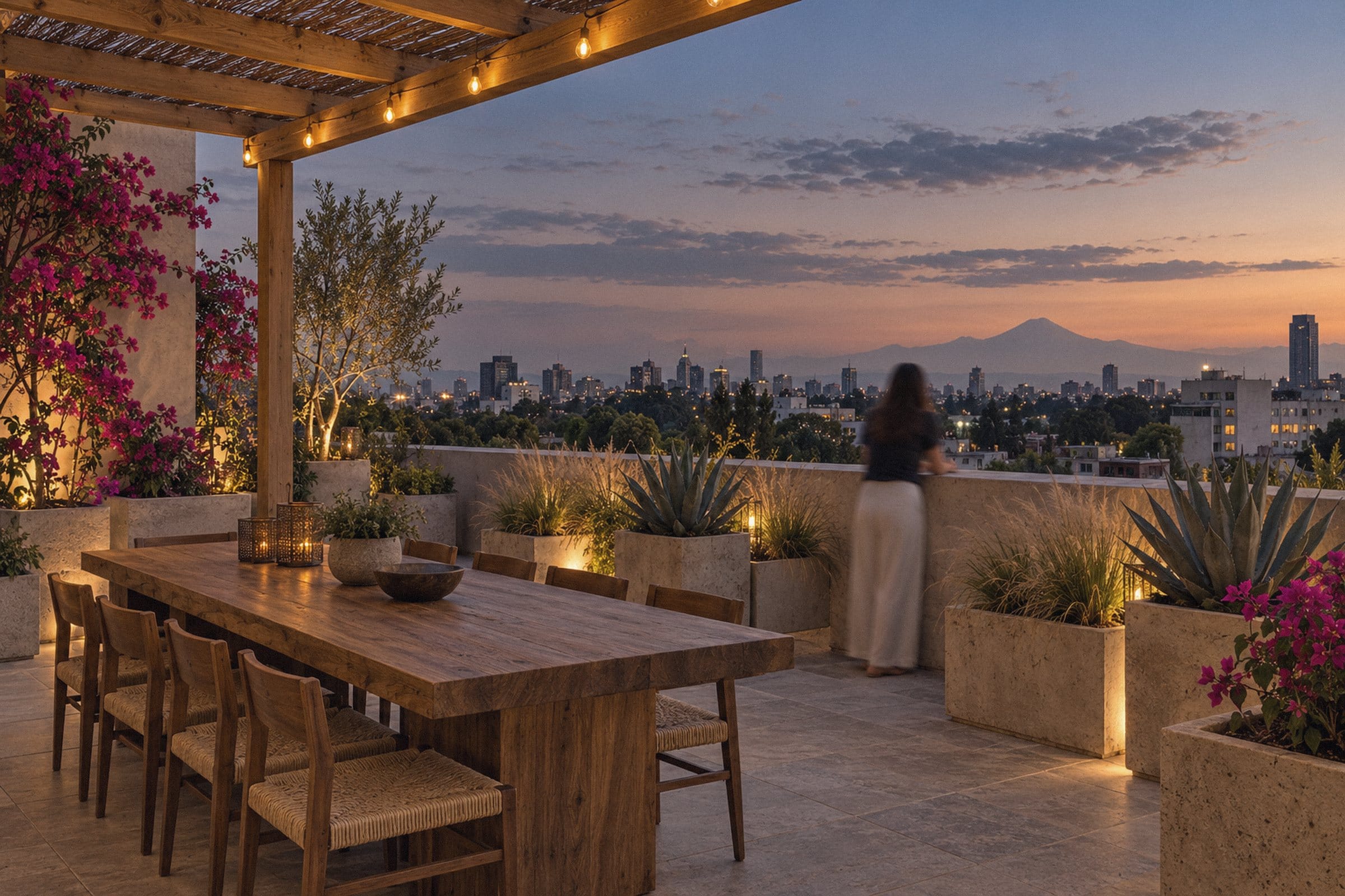 Roof garden de Mesura a la hora azul, con pérgola de madera, mesa larga y vista a la ciudad