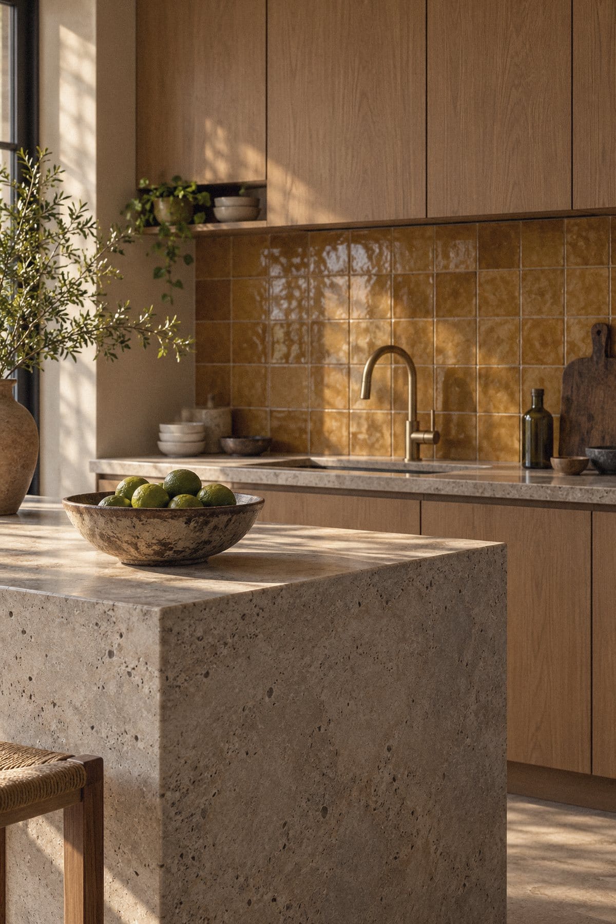 Cocina con isla de cantera, gabinetes de roble y azulejo de barro