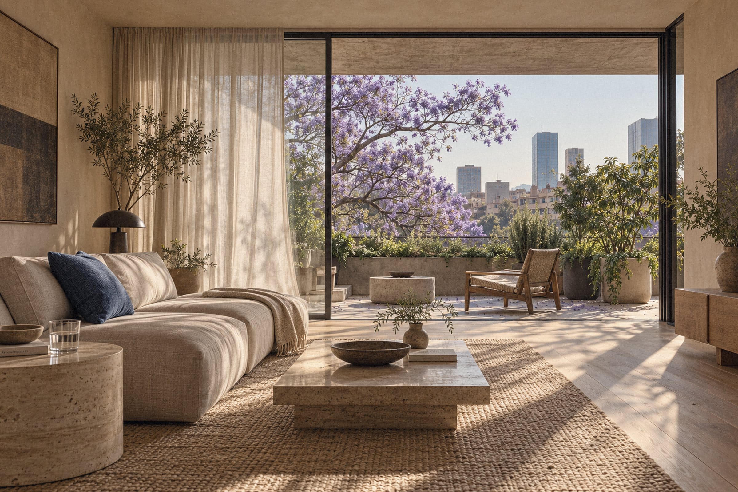Estancia con ventanal de piso a techo hacia una terraza con jacaranda