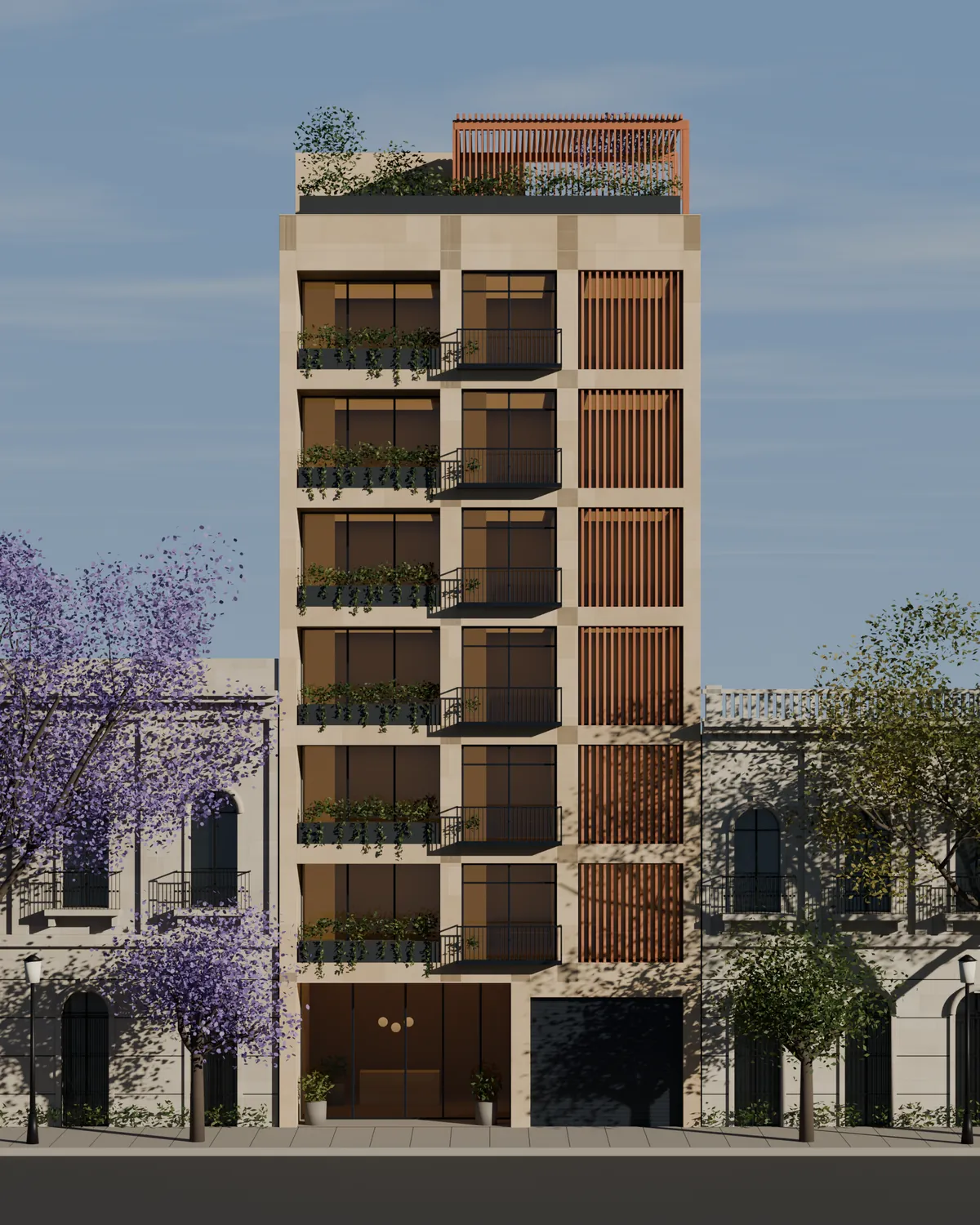 Fachada de Mesura al atardecer: seis niveles de cantera con terrazas, balcones y celosía de barro, sobre una calle de Roma Norte.